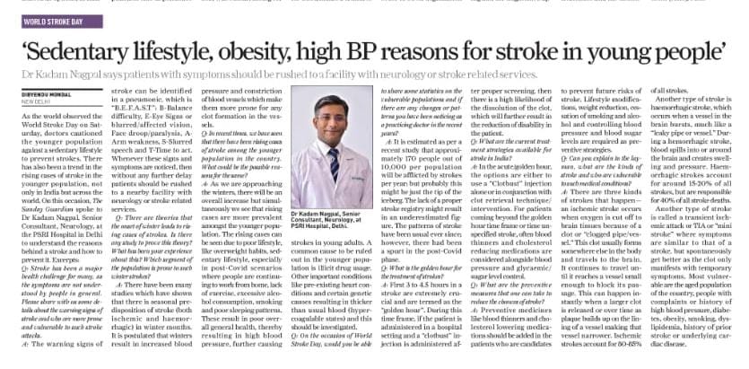 Sedentary lifestyle, obesity, high BP reason for stroke in young people